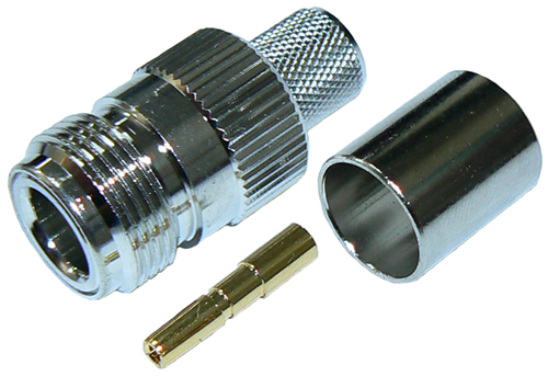 N-type female solder pin crimp connector jack for RG213 – nickel plated